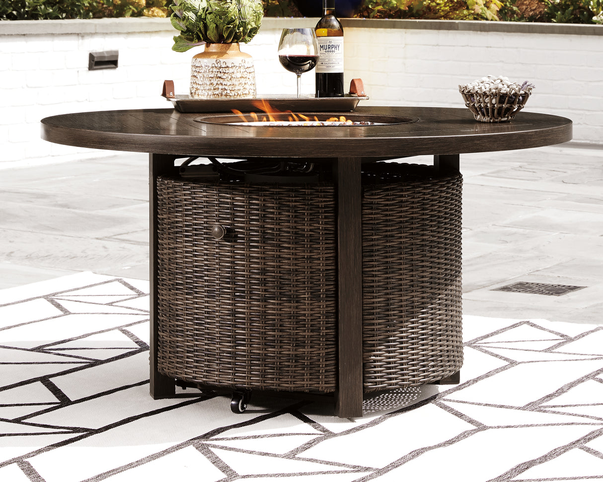 Paradise Trail Outdoor Loveseat and 2 Lounge Chairs with Fire Pit Table in Medium Brown from Ashley Furniture - Luna Furniture