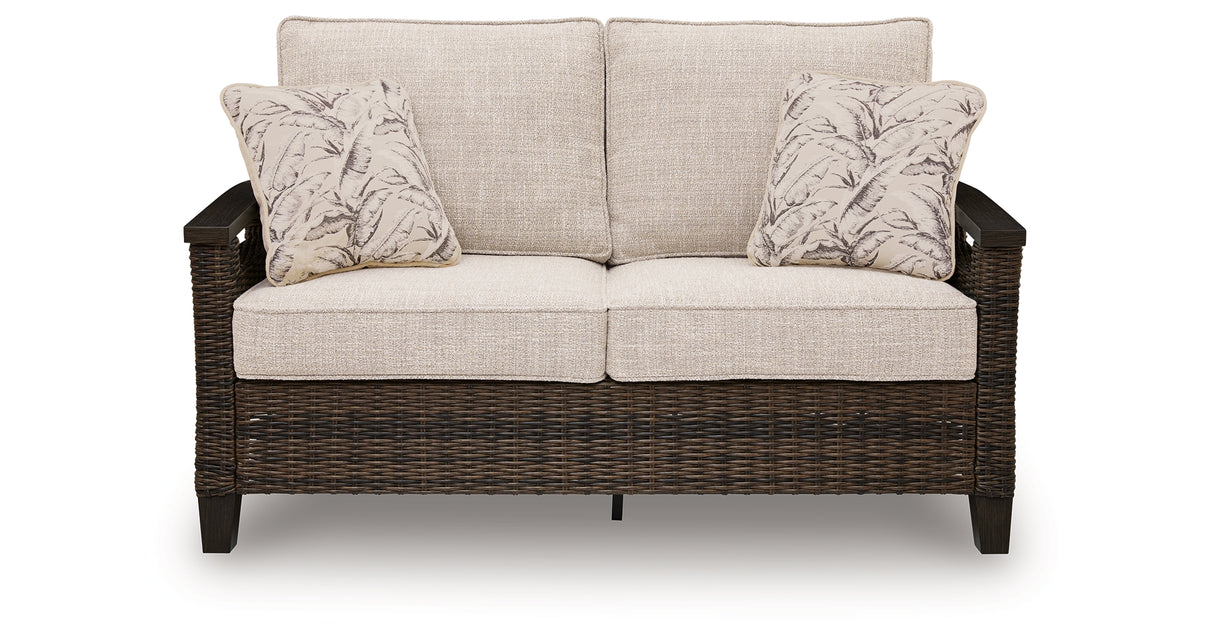 Monterey Point Dark Brown Outdoor Loveseat with Cushion from Ashley Furniture - Luna Furniture