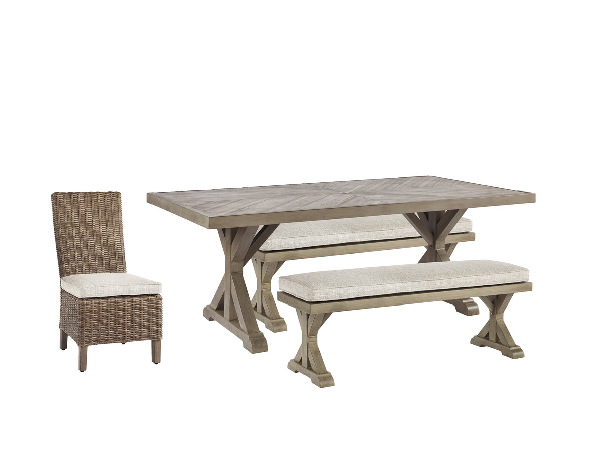 Beachcroft Beige Outdoor Dining Table with 4 Chairs and Bench from Ashley - Luna Furniture