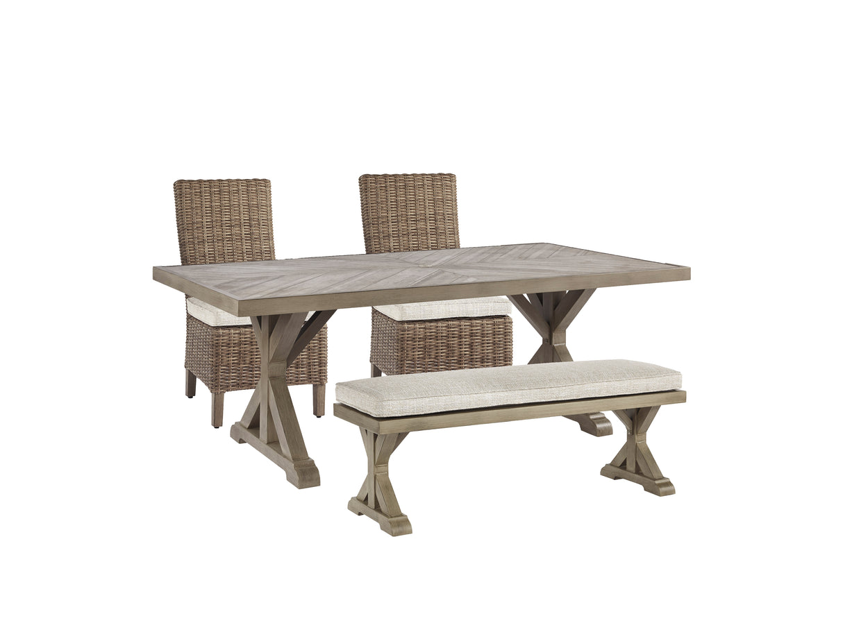 Beachcroft Outdoor Dining Table and 2 Chairs and 2 Benches in Beige from Ashley Furniture - Luna Furniture