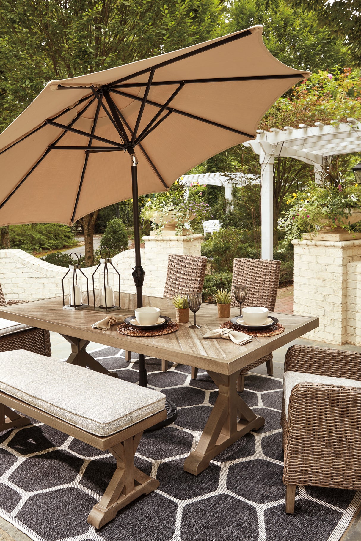 Beachcroft Beige Outdoor Dining Table with 4 Chairs and Bench from Ashley Furniture - Luna Furniture