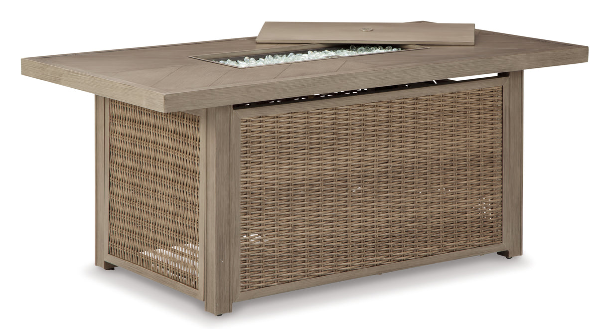Beachcroft Outdoor Sofa and 2 Lounge Chairs with Fire Pit Table in Beige from Ashley Furniture - Luna Furniture