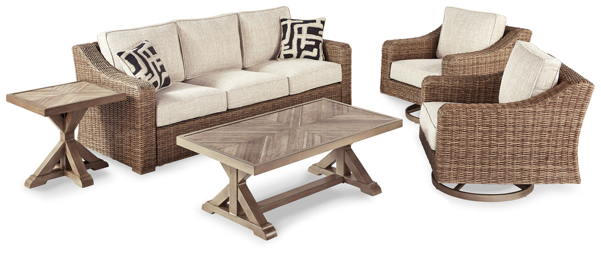 Beachcroft Outdoor Sofa and 2 Lounge Chairs with Coffee Table and 2 End Tables in Beige from Ashley Furniture - Luna Furniture