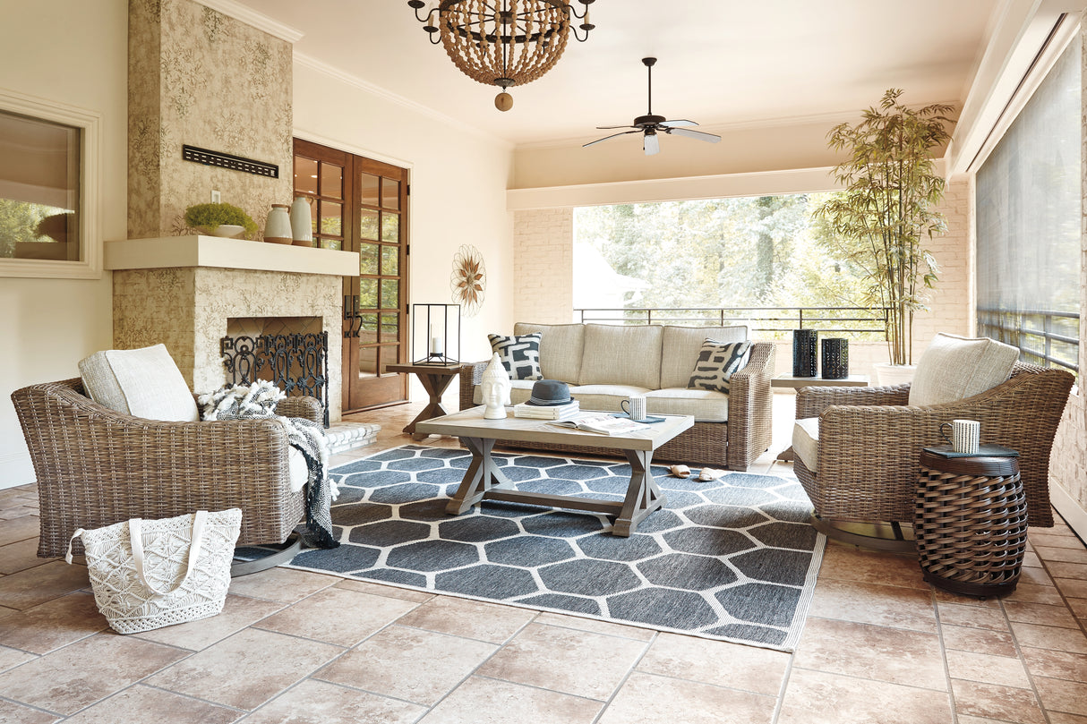 Beachcroft Outdoor Sofa and 2 Lounge Chairs with Coffee Table and 2 End Tables in Beige from Ashley Furniture - Luna Furniture