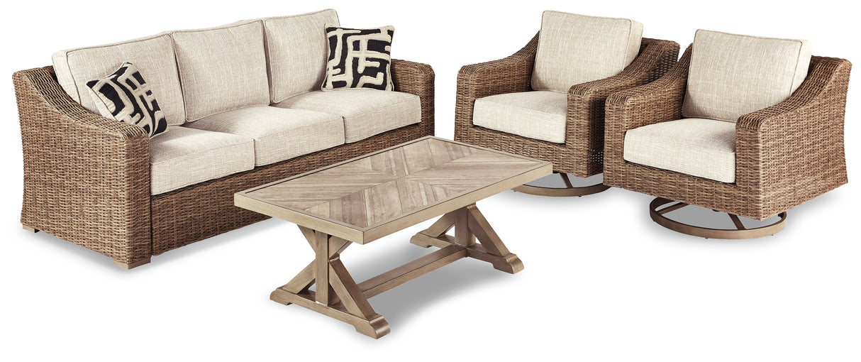 Beachcroft Beige Outdoor Sofa with Coffee Table and 2 End Tables from Ashley Furniture - Luna Furniture