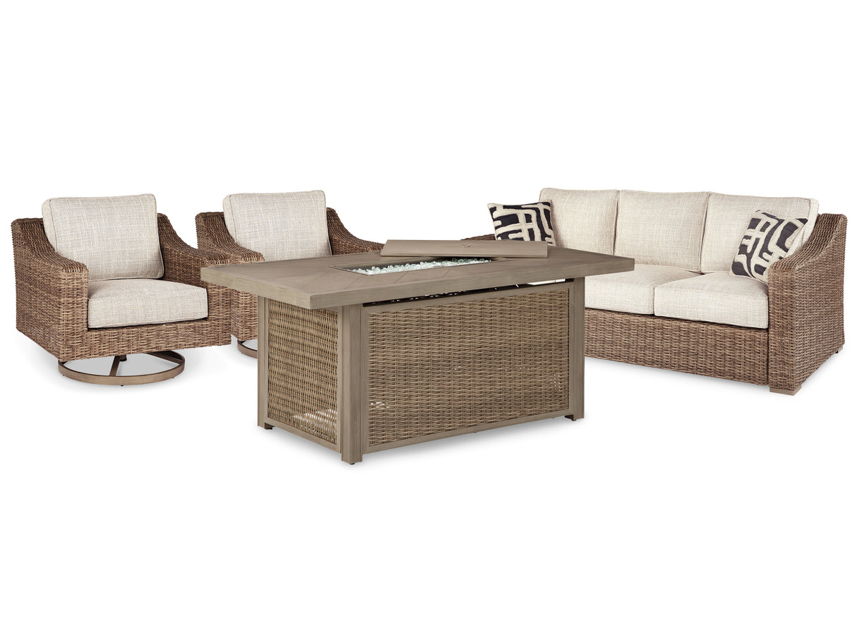 Beachcroft Outdoor Sofa and 2 Lounge Chairs with Fire Pit Table in Beige from Ashley Furniture - Luna Furniture