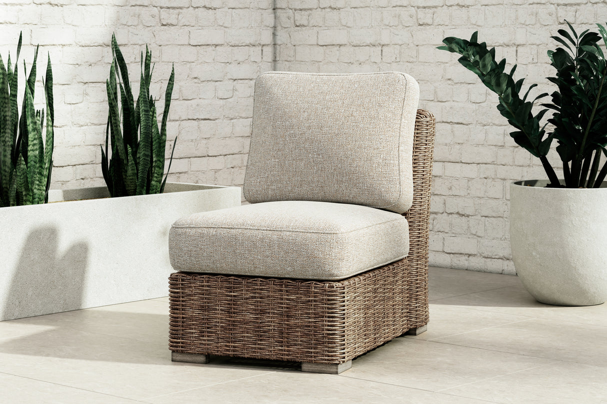 Beachcroft Beige Outdoor Armless Chair with Cushion from Ashley Furniture - Luna Furniture