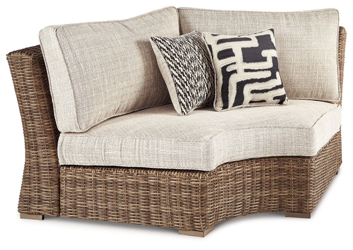 Beachcroft Beige Outdoor Curved Corner Chair with Cushion from Ashley Furniture - Luna Furniture