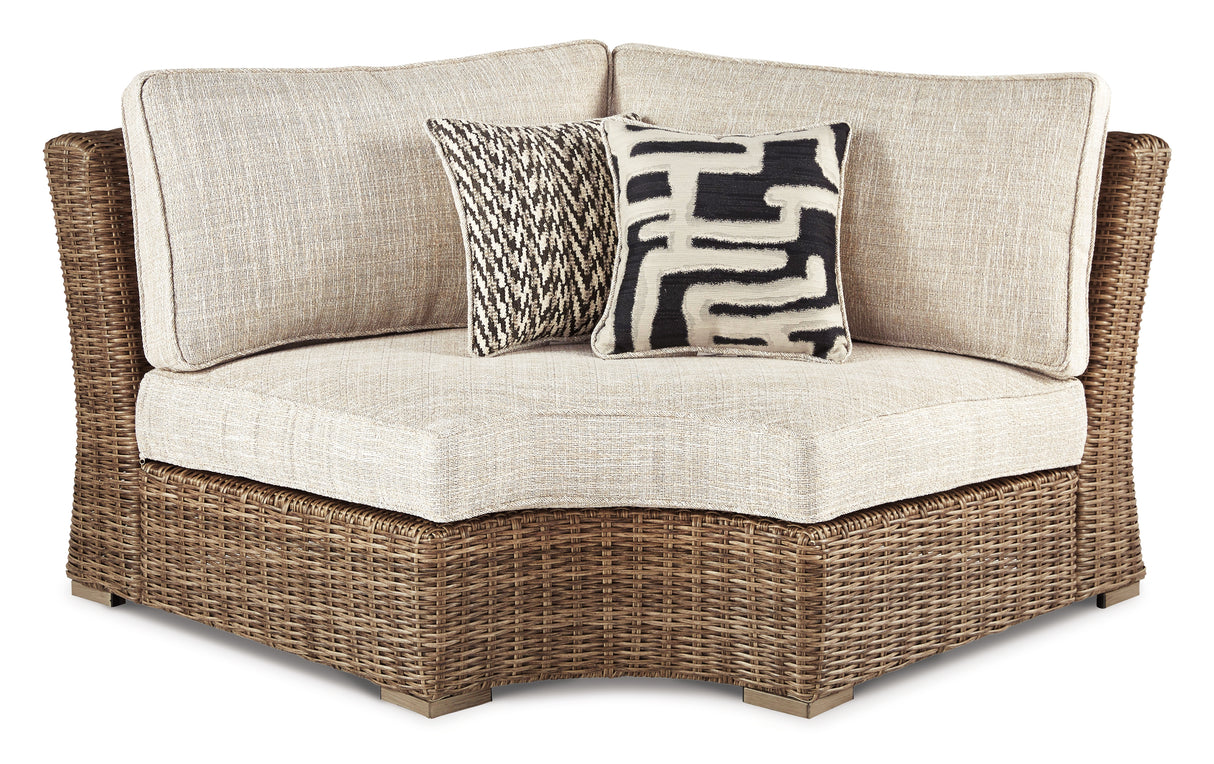 Beachcroft Beige Outdoor Curved Corner Chair with Cushion from Ashley Furniture - Luna Furniture