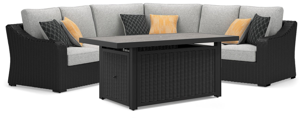 Beachcroft Black/Light Gray 3-Piece Outdoor Sectional with Fire Pit Table from Ashley Furniture - Luna Furniture