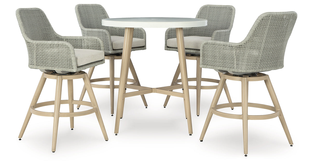 Seton Creek Outdoor Bar Table and 4 Barstools in Beige from Ashley Furniture - Luna Furniture