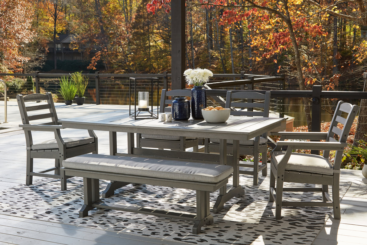 Visola Outdoor Dining Table and 4 Chairs and Bench in Gray from Ashley Furniture - Luna Furniture