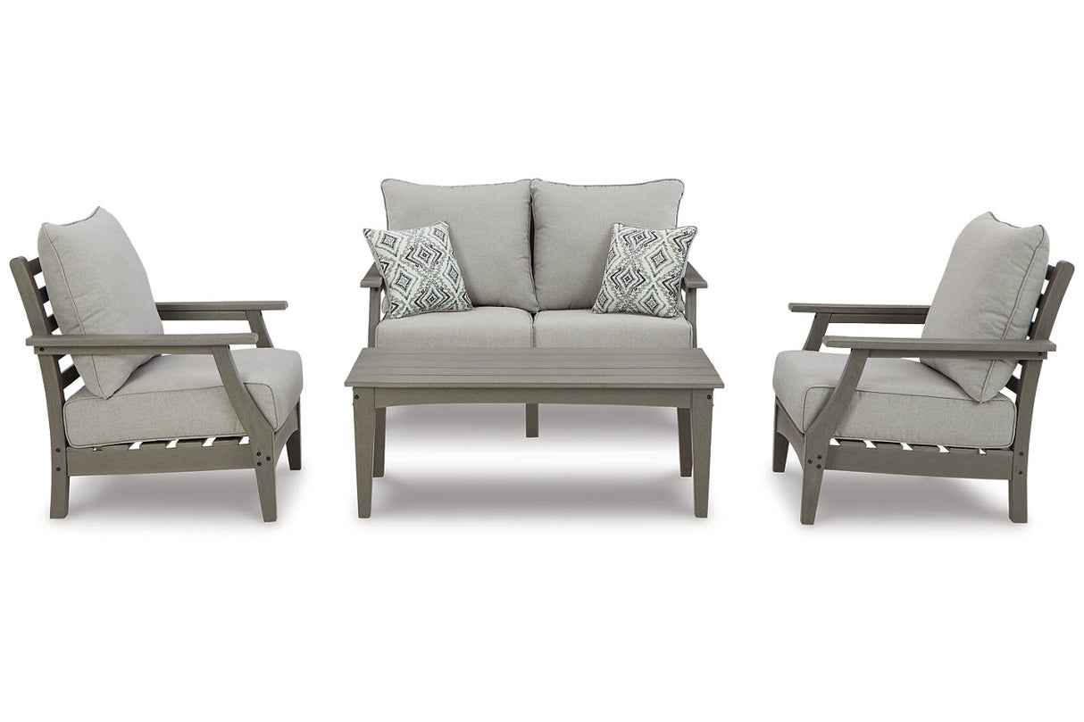 Visola Gray Outdoor Loveseat, 2 Lounge Chairs and Coffee Table from Ashley Furniture - Luna Furniture