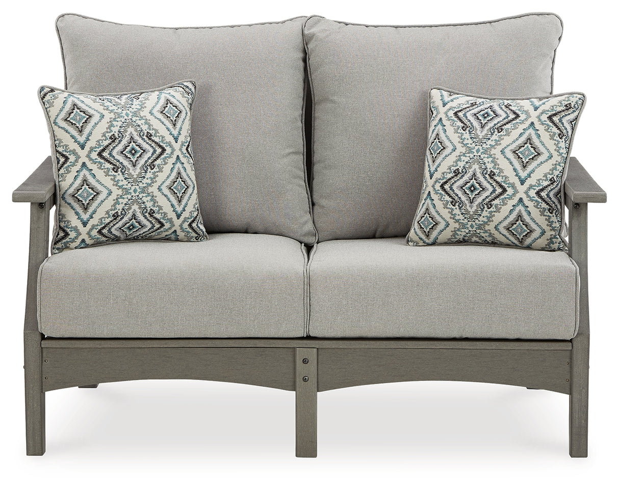 Visola Gray Outdoor Loveseat with Cushion from Ashley - Luna Furniture