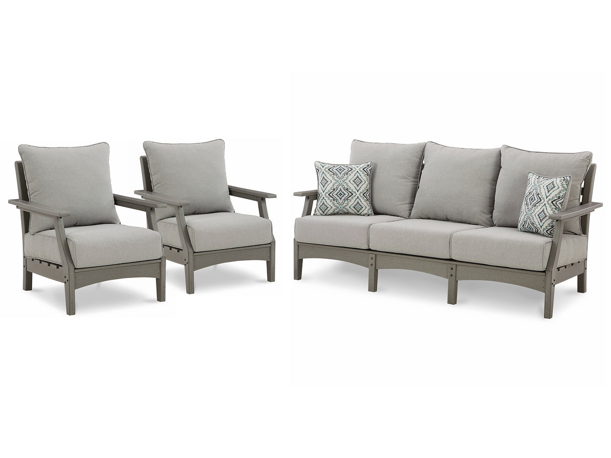 Visola Outdoor Sofa with 2 Lounge Chairs in Gray from Ashley Furniture - Luna Furniture