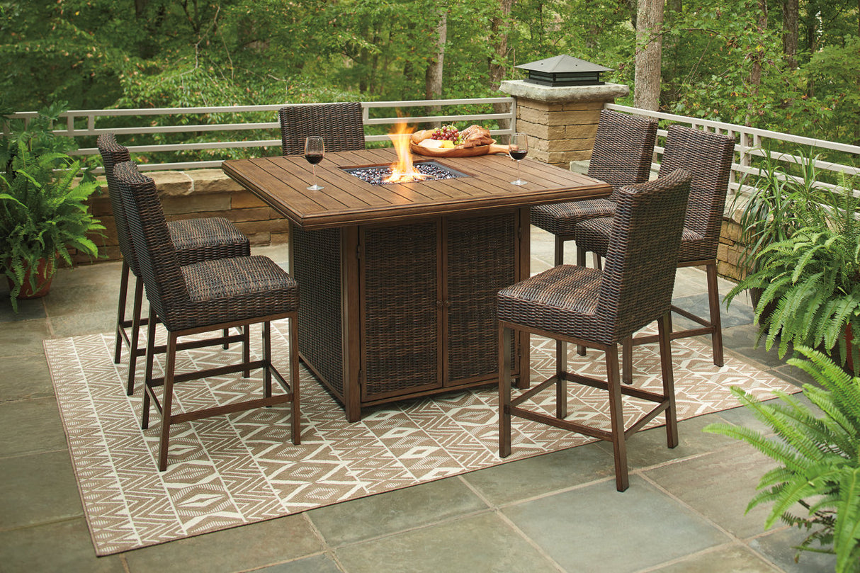 Paradise Trail Medium Brown Outdoor Bar Fire Pit Table with 6 Barstools from Ashley - Luna Furniture