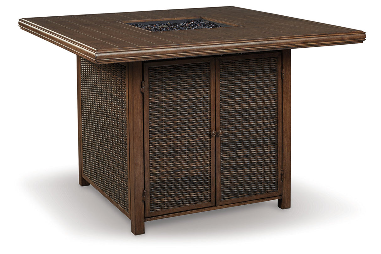 Paradise Trail Medium Brown Outdoor Bar Fire Pit Table with 6 Barstools from Ashley - Luna Furniture