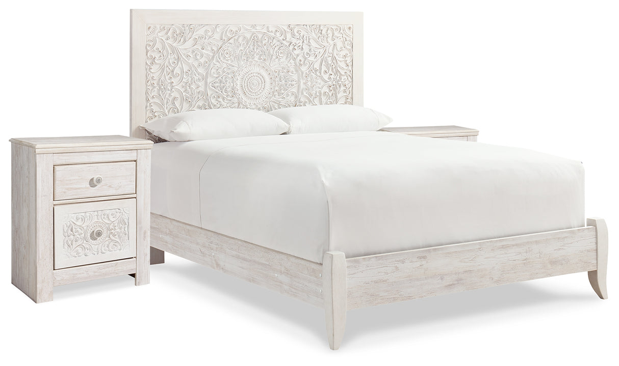 Paxberry Whitewash Queen Panel Bed and 2 Nightstands from Ashley - Luna Furniture