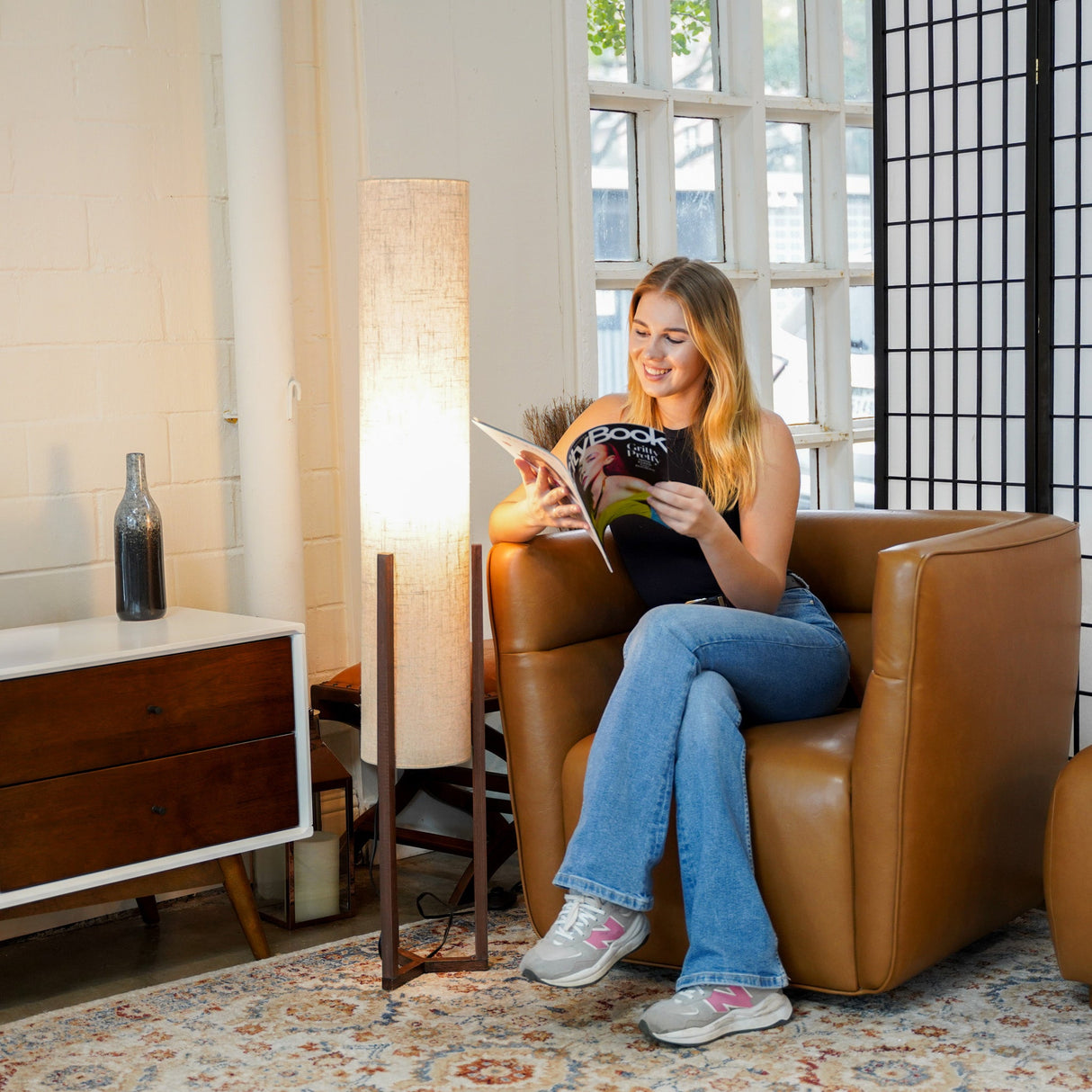 Pharos Contemporary Cylinder Floor Lamp with Brown Wood Base from Ashcroft Furniture - Luna Furniture