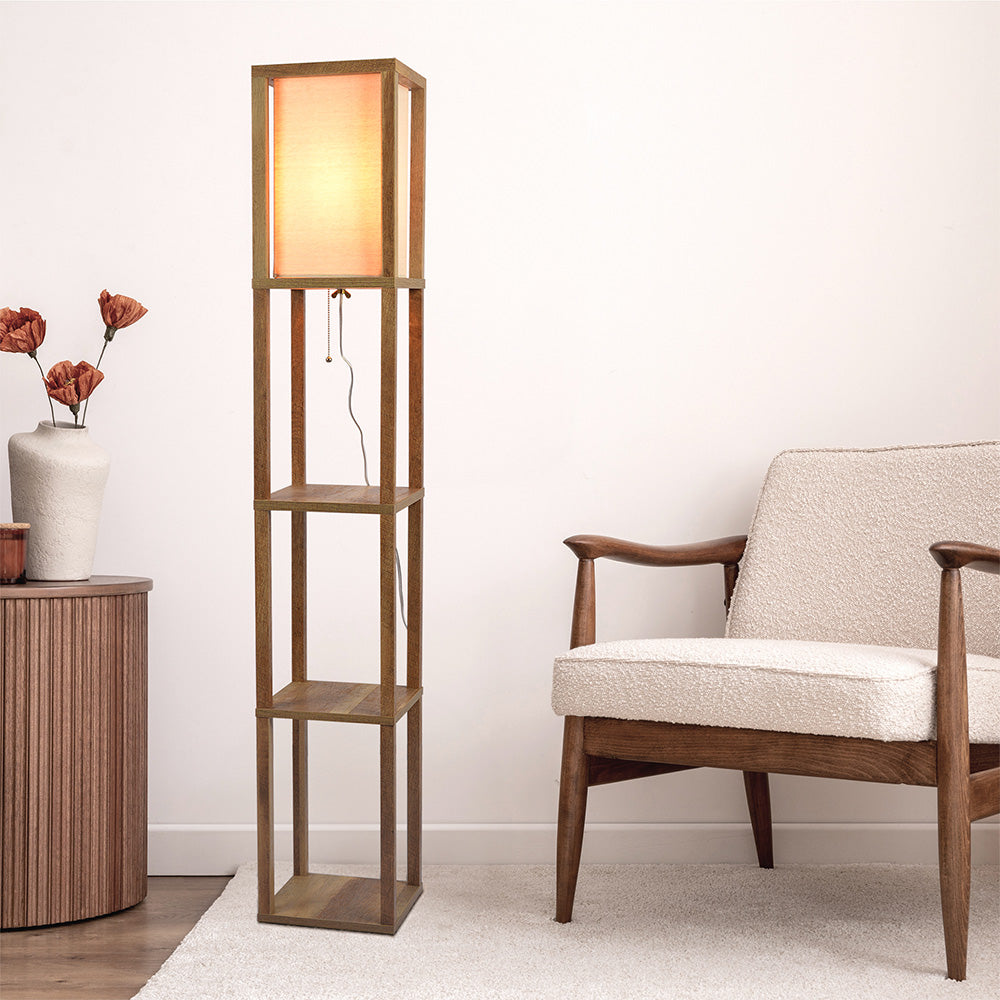 Pinnacle Shelf Floor Lamp For Bedroom/Living Room, Natural Wood with Long Shade from Midinmod - Luna Furniture