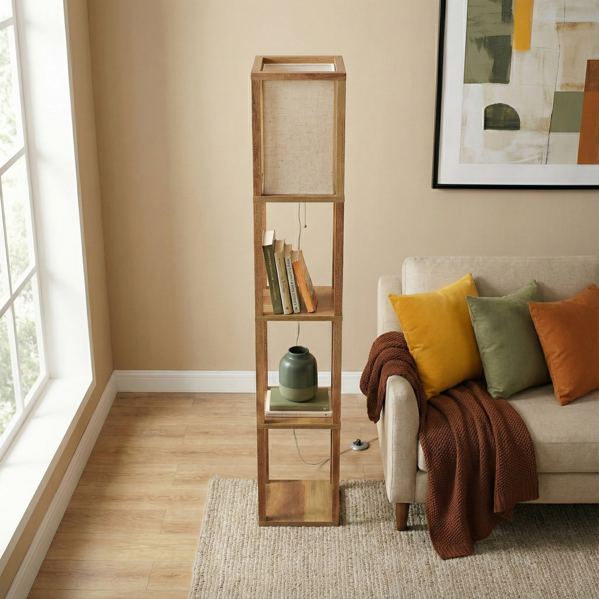 Pinnacle Shelf Floor Lamp For Bedroom/Living Room, Natural Wood with Long Shade from Ashcroft Furniture - Luna Furniture