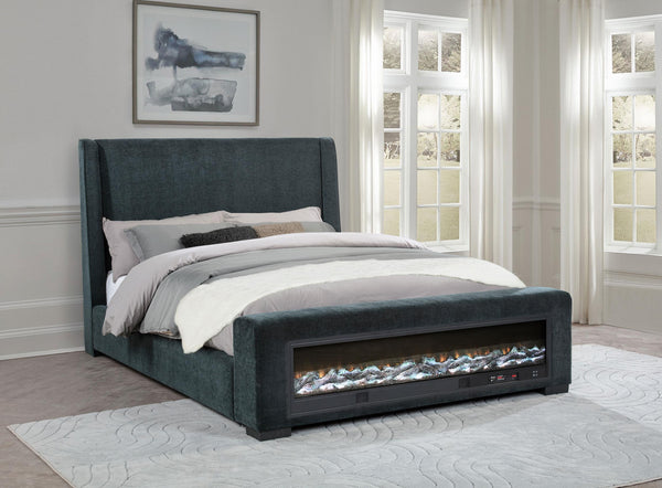 Preston Blue Upholstered Queen Audio Fireplace Bed