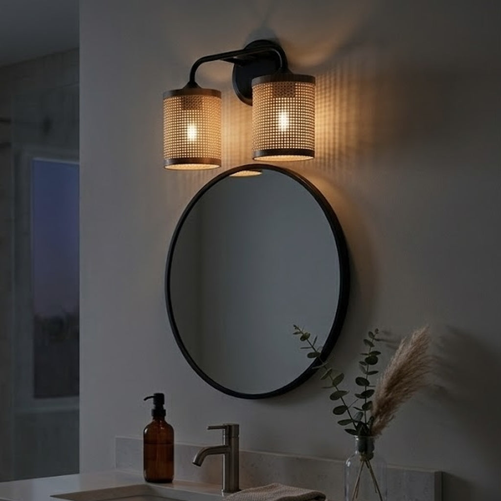 Quell 2-Light Rattan Wall Sconce with Black Metal Finish from Ashcroft Furniture - Luna Furniture
