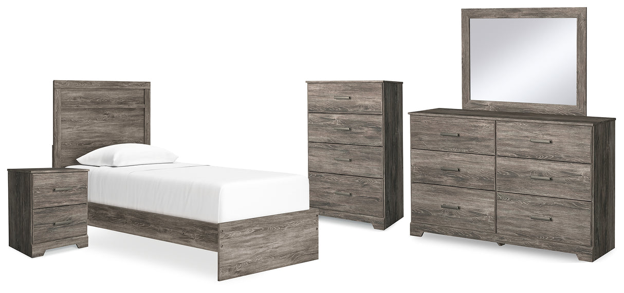 Ralinksi Twin Panel Bed with Mirrored Dresser, Chest and Nightstand in Gray from Ashley - Luna Furniture