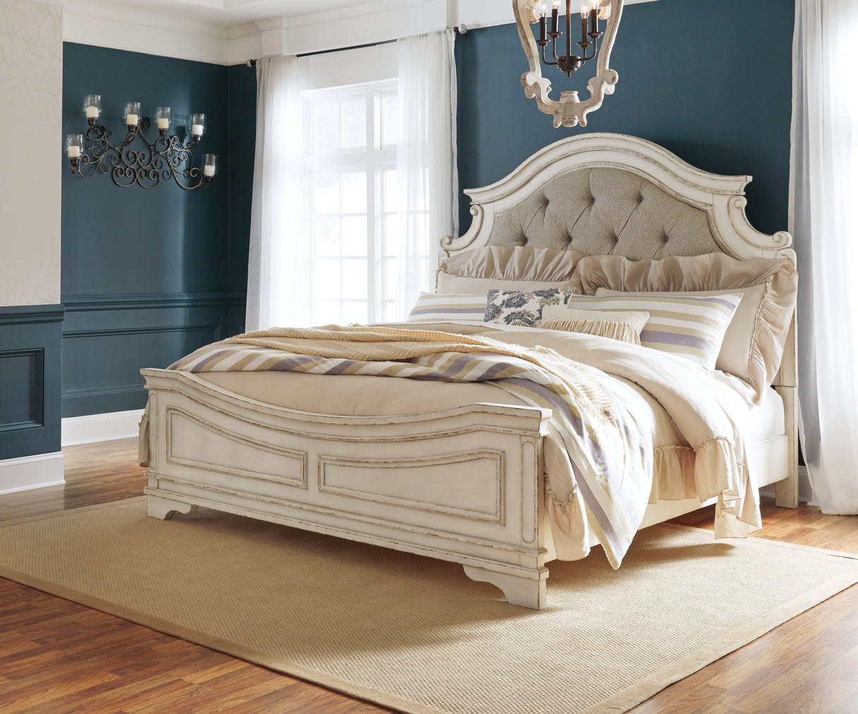 Realyn Chipped White King Panel Upholstered Bed, Dresser, Mirror and Chest from Ashley - Luna Furniture
