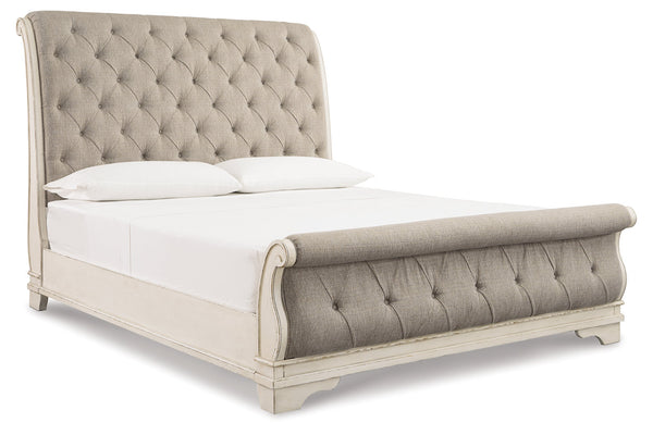 Realyn Chipped White Queen Upholstered Sleigh Bed