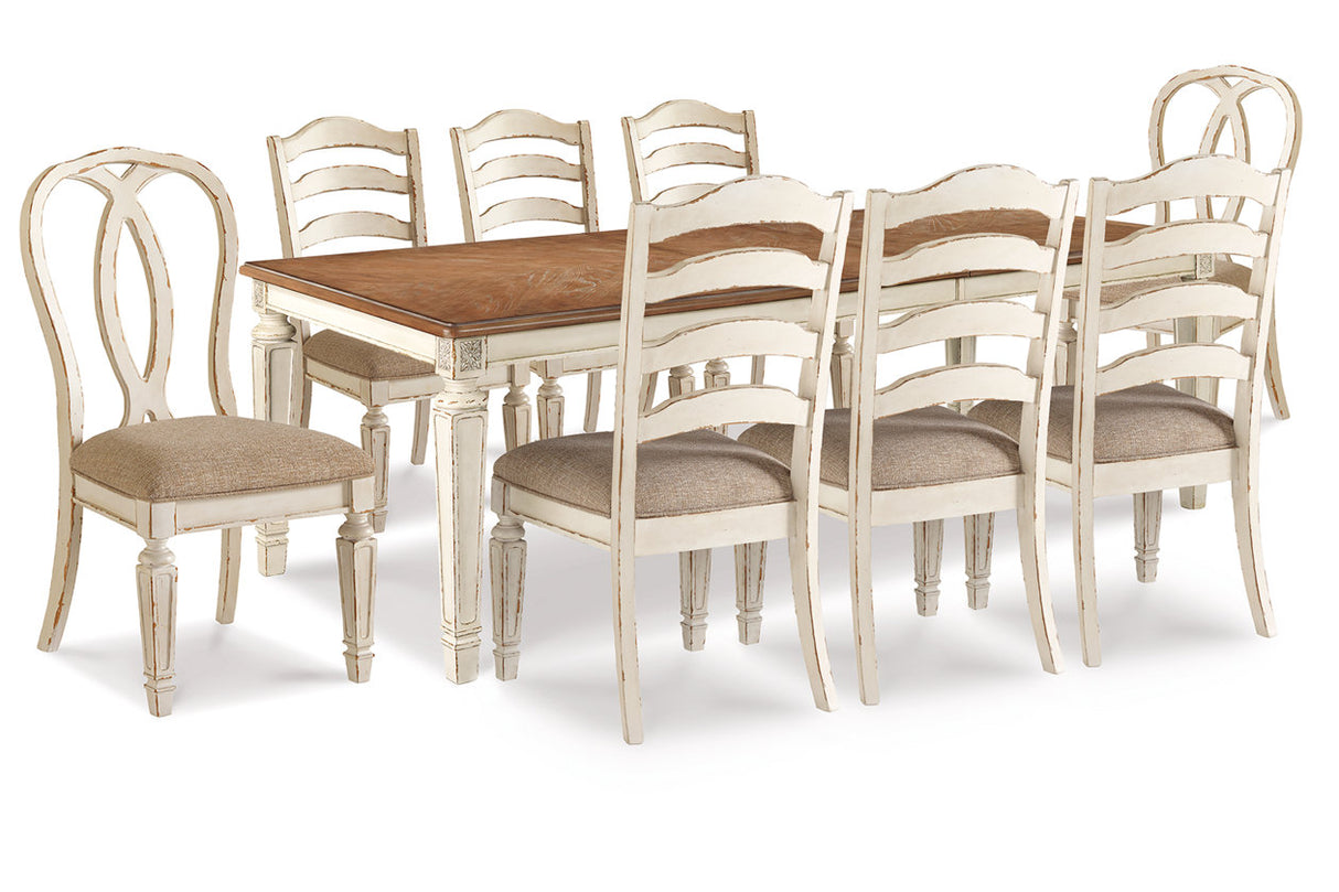 Realyn Chipped White Rectangular Dining Table with 2 Ribbon and 6 Ladder Chairs from Ashley - Luna Furniture