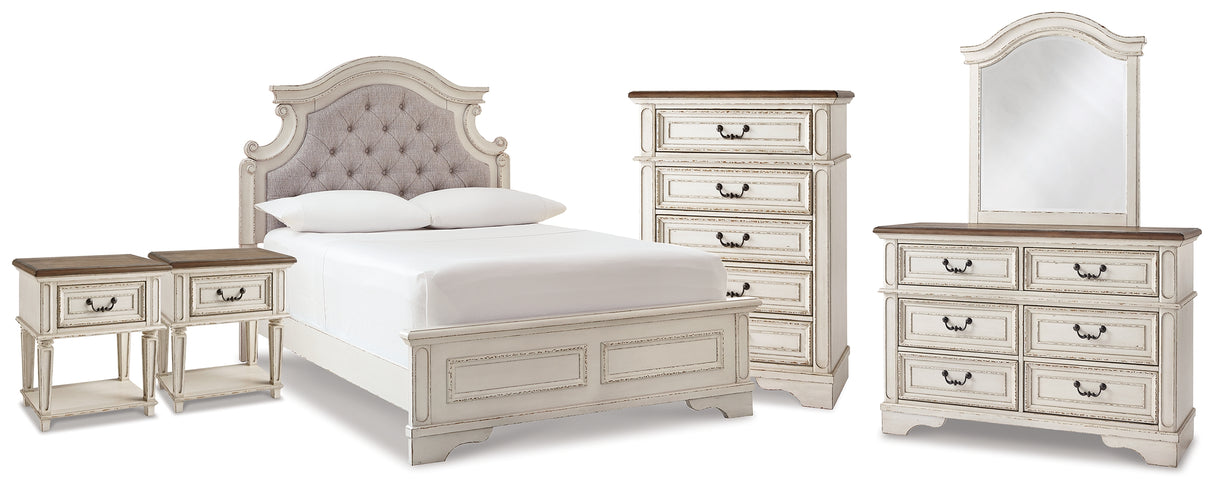 Realyn Full Panel Bed with Mirrored Dresser, Chest and 2 Nightstands in Chipped White from Ashley - Luna Furniture