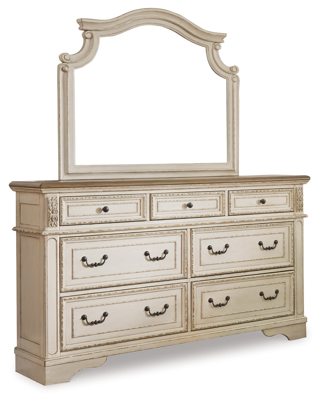 Realyn Queen Upholstered Panel Bed with Mirrored Dresser and 2 Nightstands in Chipped White from Ashley - Luna Furniture