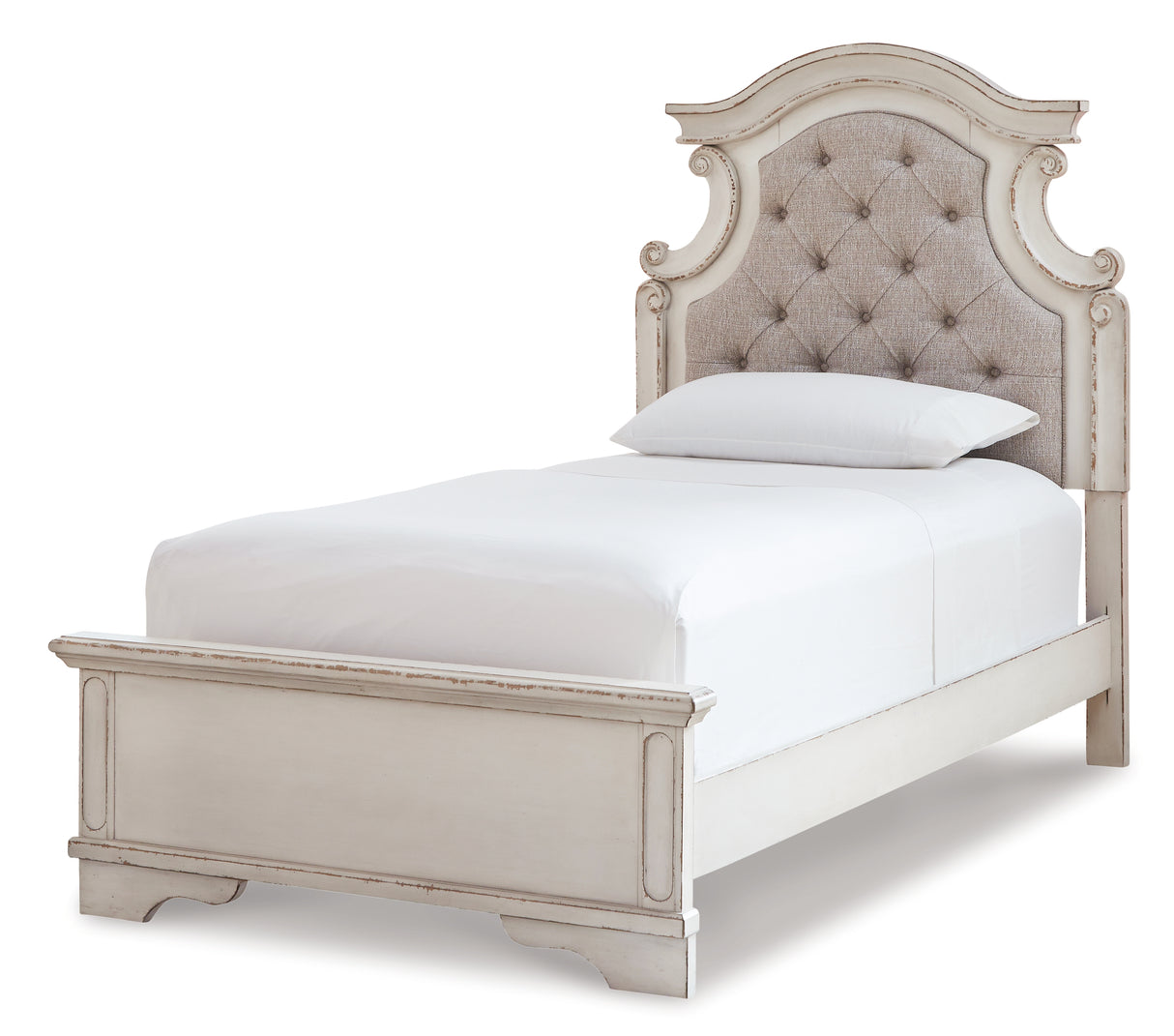 Realyn Twin Panel Bed with Mirrored Dresser, Chest and 2 Nightstands in Chipped White from Ashley - Luna Furniture