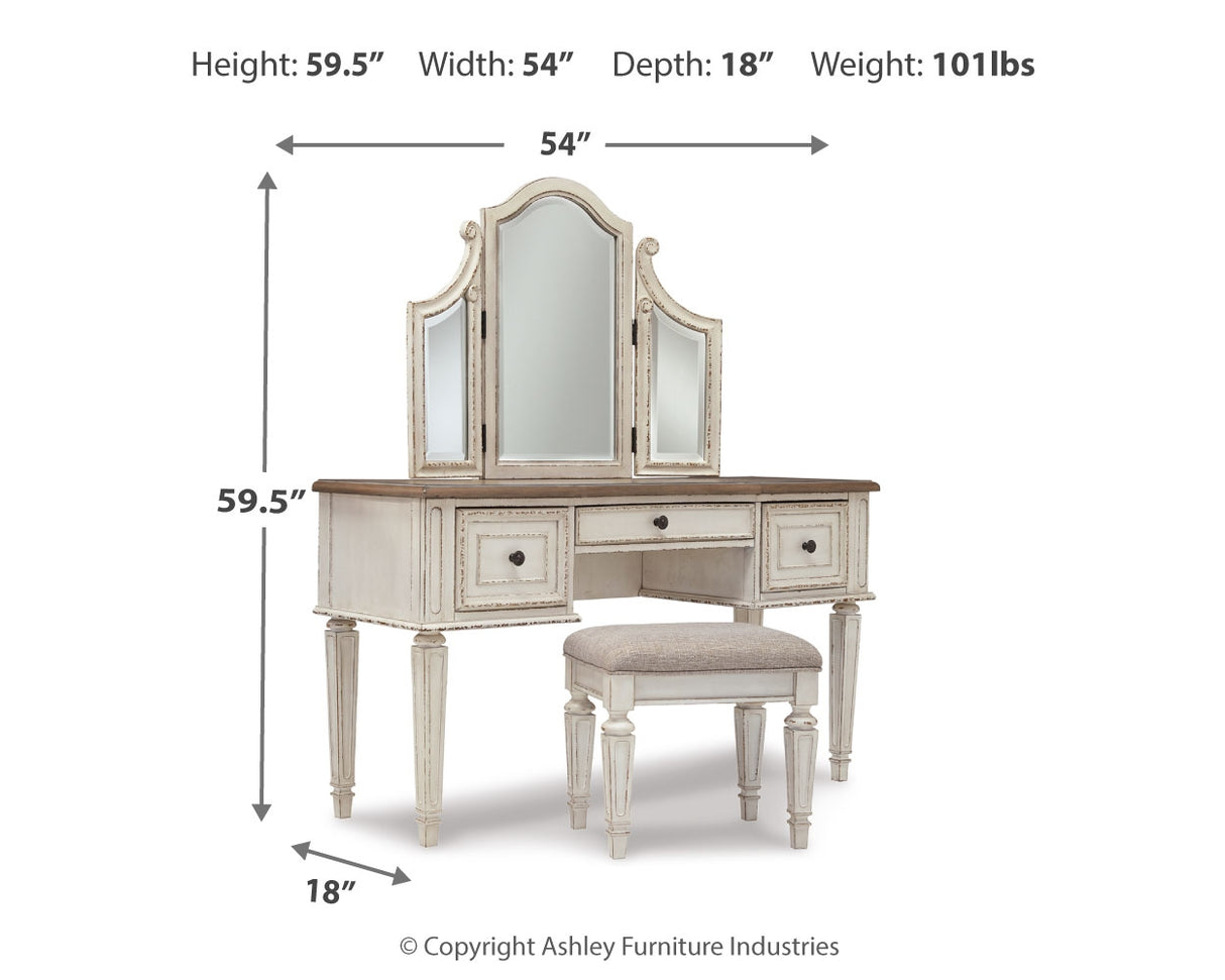 Realyn Two-tone Full Panel Bed, Dresser, Mirror, 3-Piece Vanity and Nightstand from Ashley - Luna Furniture