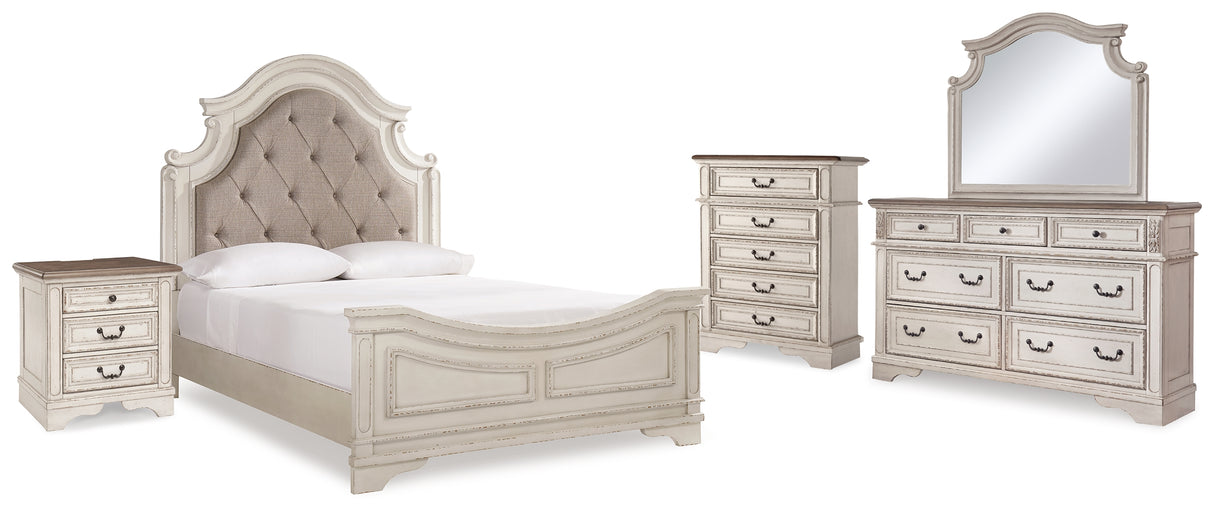 Realyn Two-tone Queen Upholstered Panel Bed, Dresser, Mirror, Chest and Nightstand from Ashley - Luna Furniture