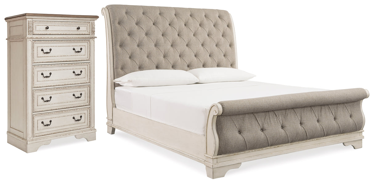 Realyn Two-tone Queen Upholstered Sleigh Bed and Chest from Ashley Furniture - Luna Furniture