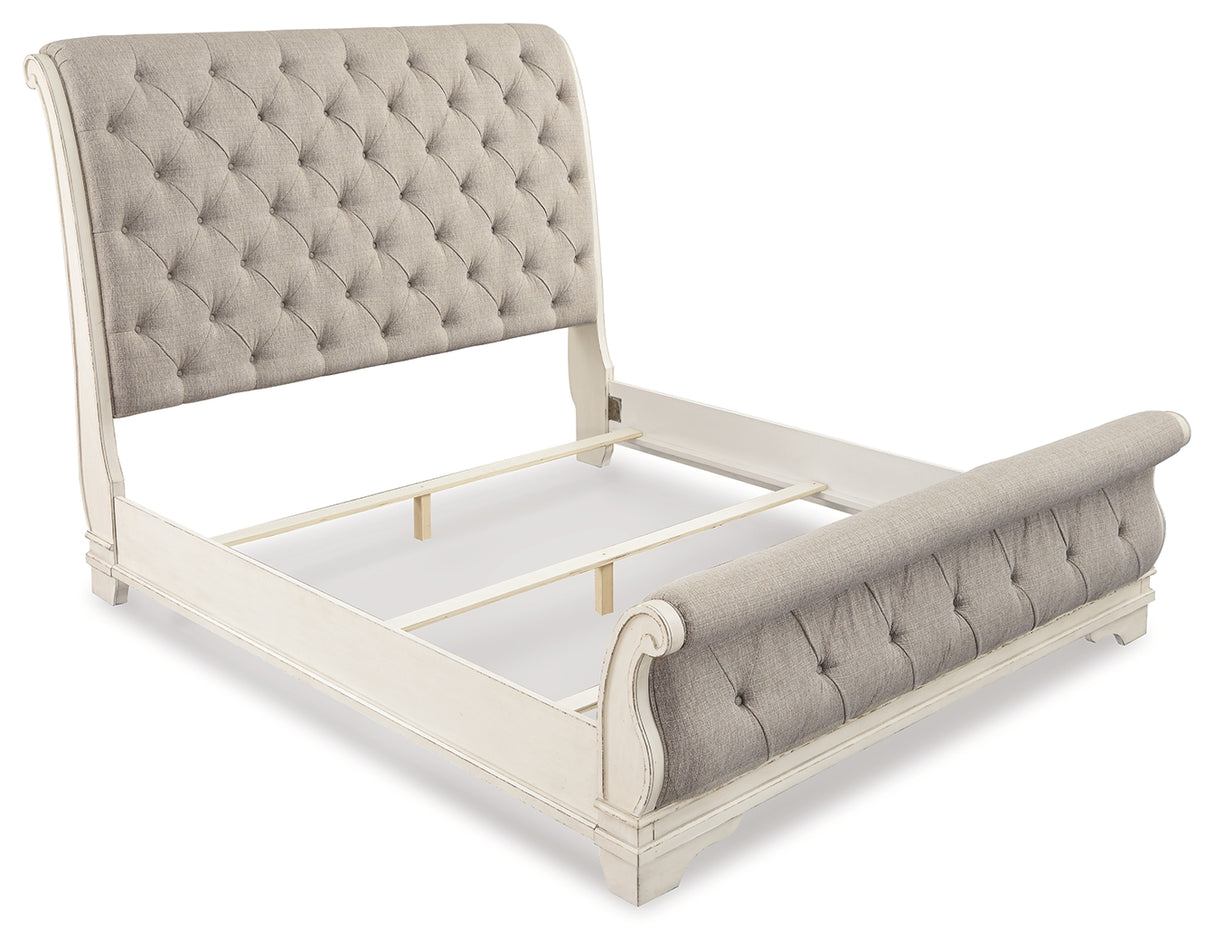 Realyn Two-tone Queen Upholstered Sleigh Bed and Chest from Ashley Furniture - Luna Furniture