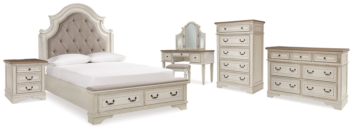 Realyn Two-tone Queen Upholstery Panel Bed, Dresser, Chest, Nightstand, and Vanity Set from Ashley - Luna Furniture