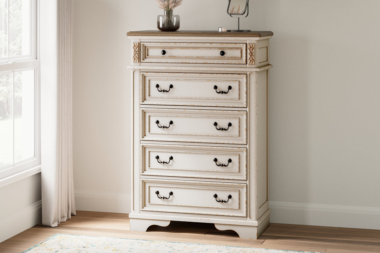 Realyn Two-tone Queen Upholstery Panel Bed, Dresser, Chest, Nightstand, and Vanity Set from Ashley - Luna Furniture