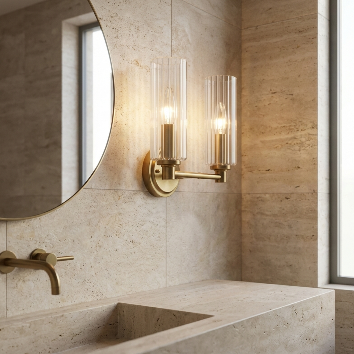 Regal Double Light Vanity With Clear Ribbed Glass - Satin Brass from Ashcroft Furniture - Luna Furniture