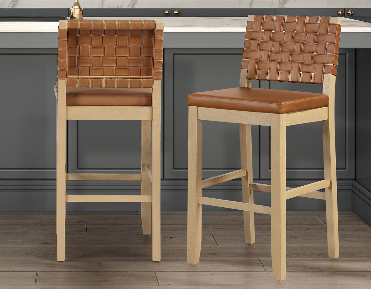 Reid Camel Vegan Leather 30″ Bar Stool, Sand Finish, Set of 2 from Steve Silver - Luna Furniture
