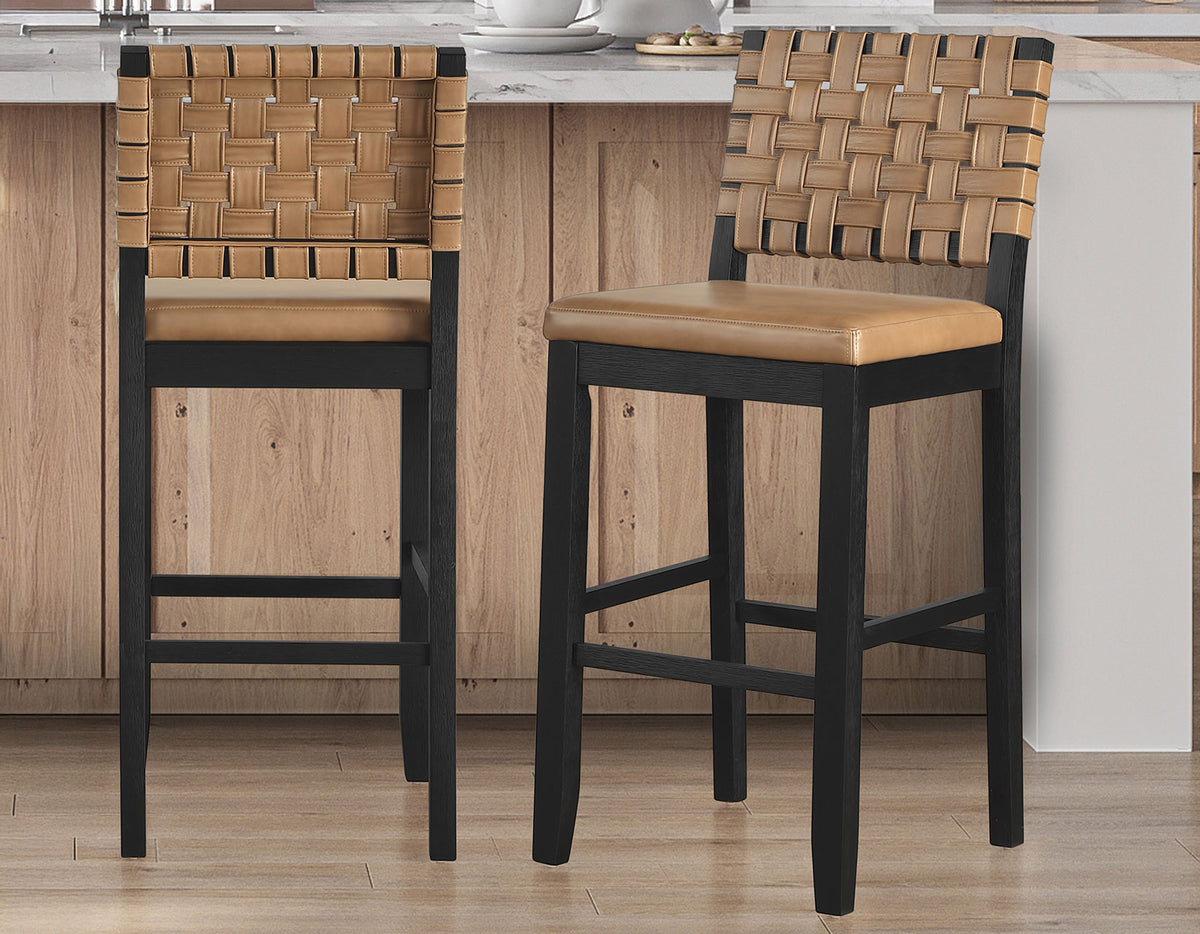 Reid Saddle Brown Vegan Leather 30″ Bar Stool, Black Finish, Set of 2 from Steve Silver - Luna Furniture