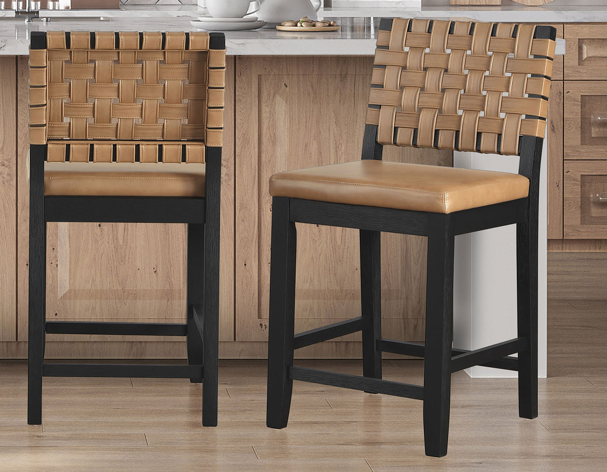 Reid Saddle Brown Camel Vegan Leather 24″ Counter Chair, Black Finish, Set of 2 from Steve Silver - Luna Furniture