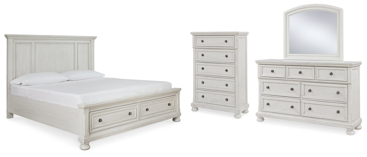Robbinsdale Queen Panel Storage Bed with Mirrored Dresser and Chest in Antique White from Ashley - Luna Furniture