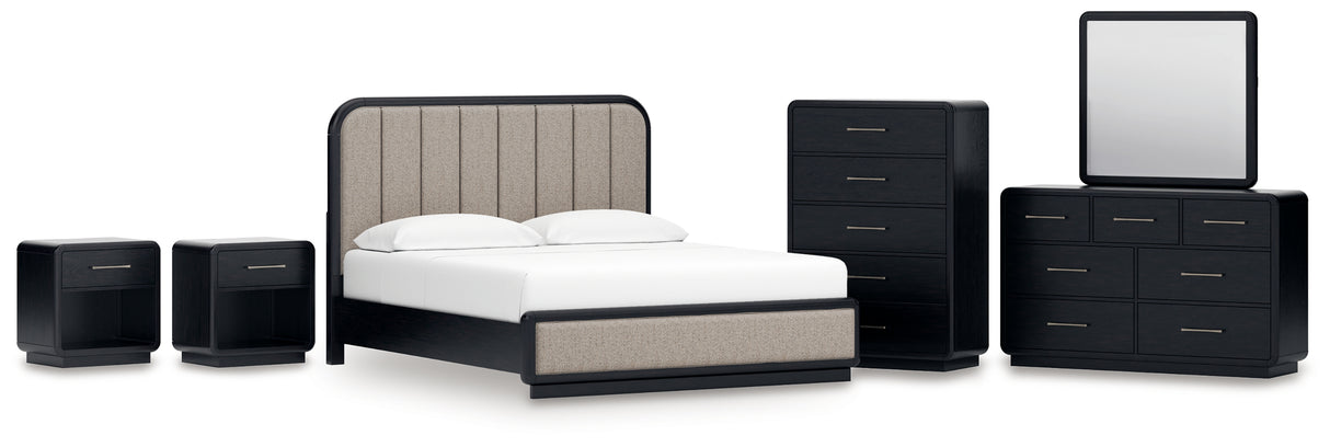 Rowanbeck California King Upholstered Panel Bed with Mirrored Dresser, Chest and 2 Nightstands in Gray/Black from Ashley - Luna Furniture