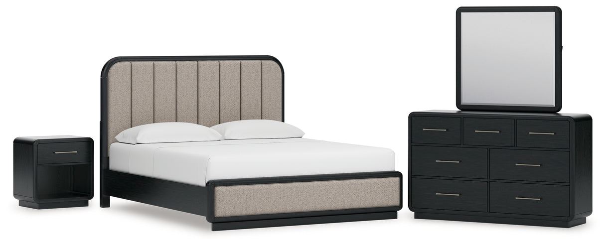 Rowanbeck California King Upholstered Panel Bed with Mirrored Dresser and Nightstand in Gray/Black from Ashley - Luna Furniture