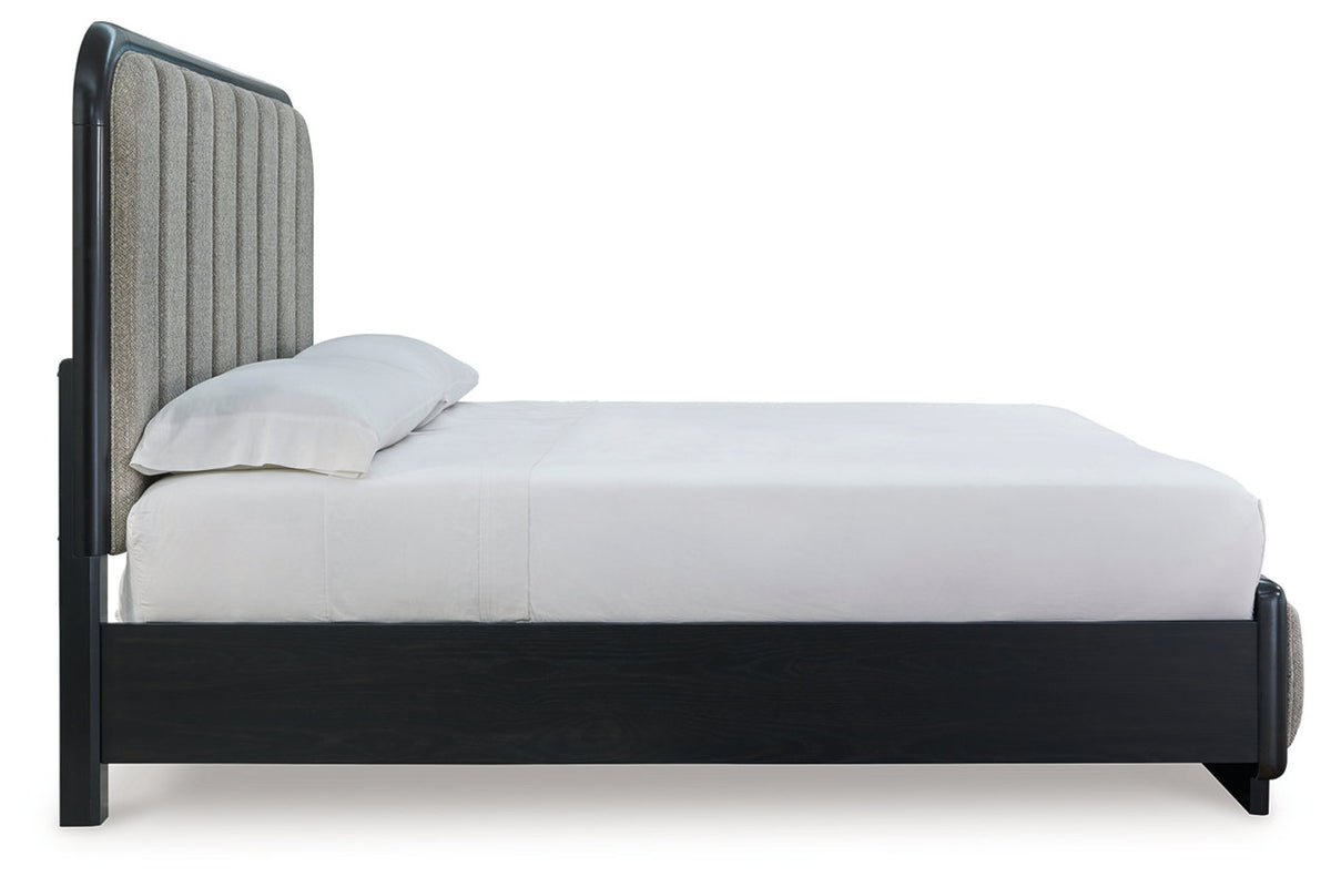 Rowanbeck Gray/Black King Upholstered Panel Bed from Ashley - Luna Furniture