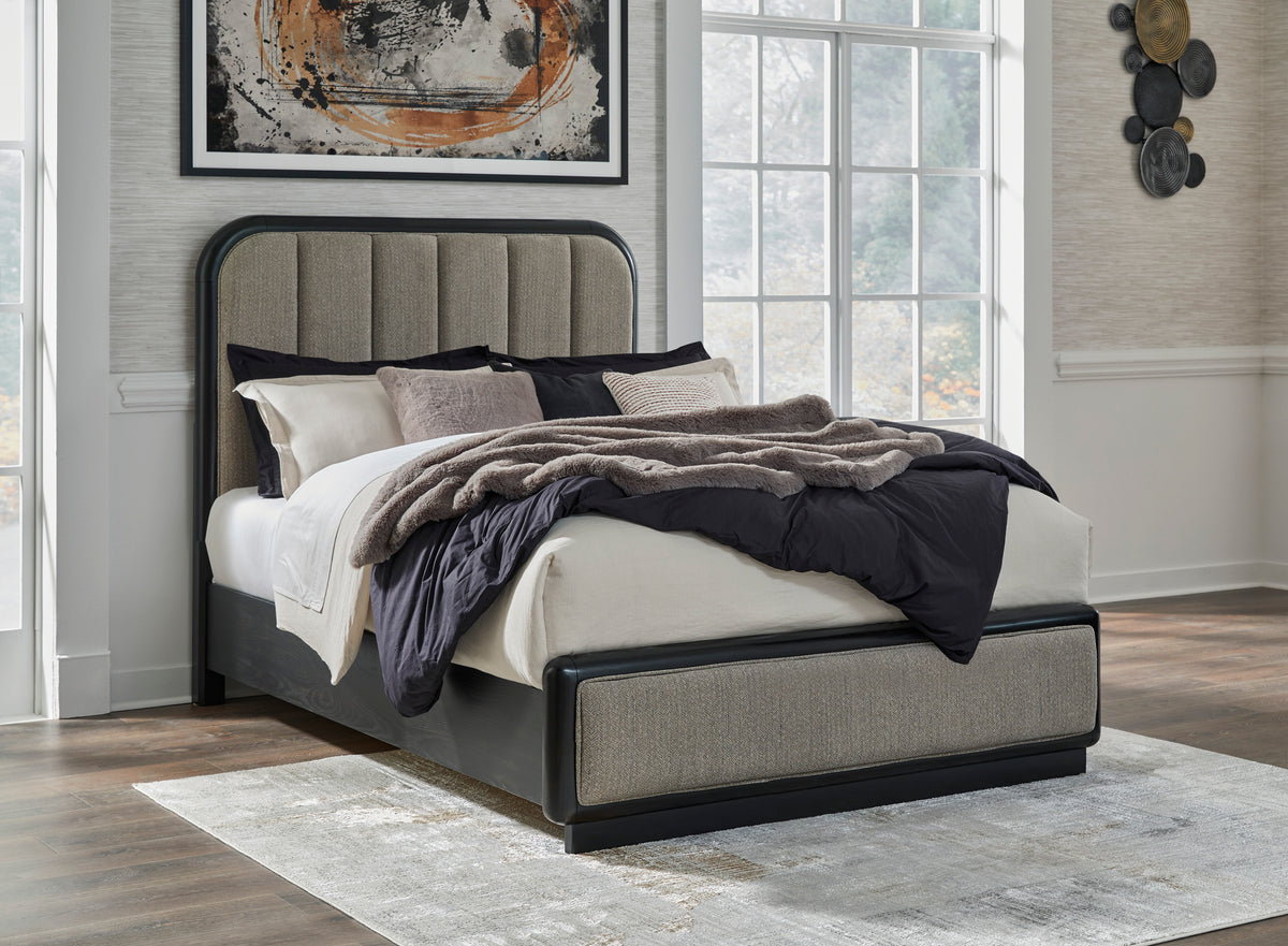 Rowanbeck Gray/Black Queen Upholstered Panel Bed from Ashley - Luna Furniture