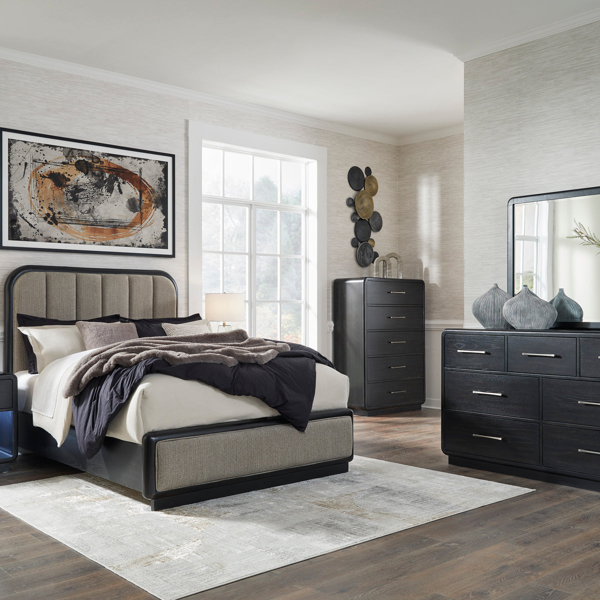 Ashley Rowanbeck Gray/Black Upholstered Panel Bedroom Set – Luna Furniture